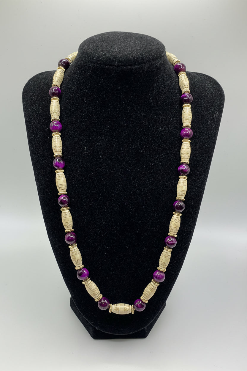 Purple Tiger Eye and Bohemian Acrylic Oval Bead Necklace on black bust display, full length