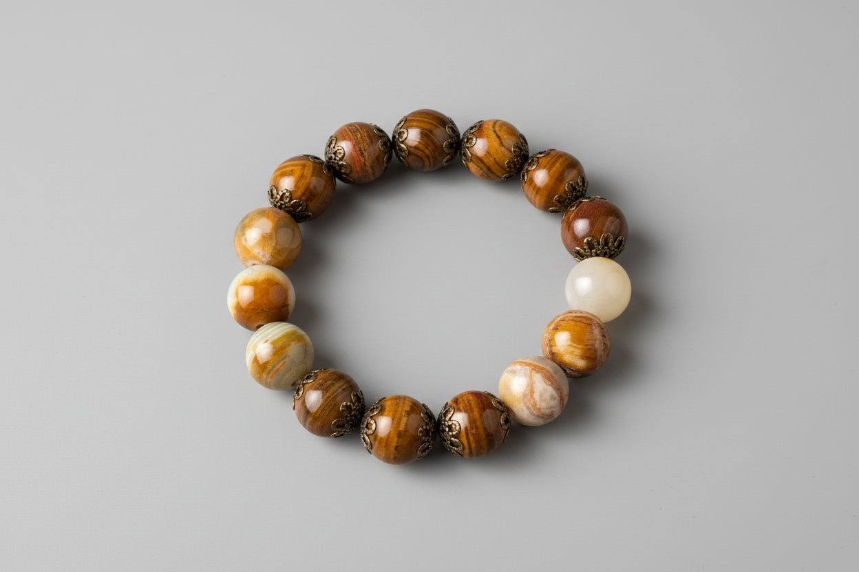 Bracelet with brown and beige beads accent vintage spacers on a wooden surface