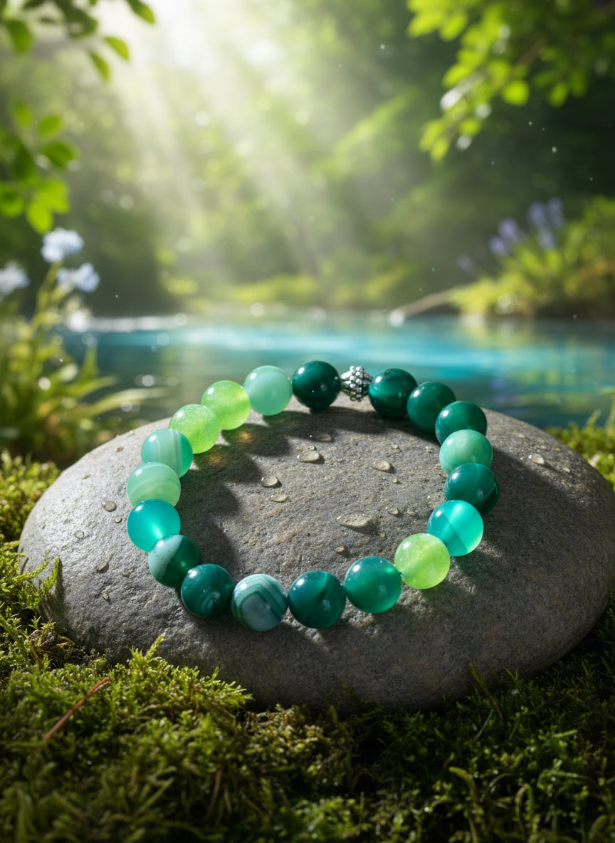 Green beaded bracelet  with just a touch of silver