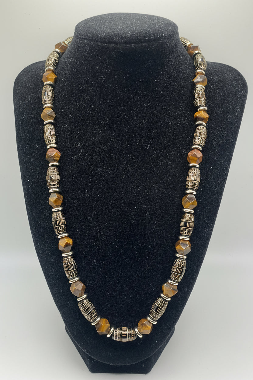 Tiger Eye Faceted and Bohemian Acrylic Oval Bead Necklace on black bust display