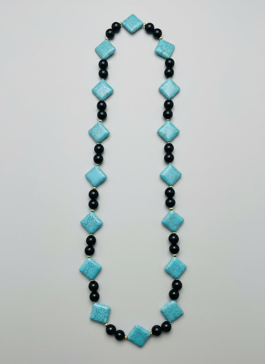 Turquoise Diamond Necklace with Onyx Beads - 28 Inch