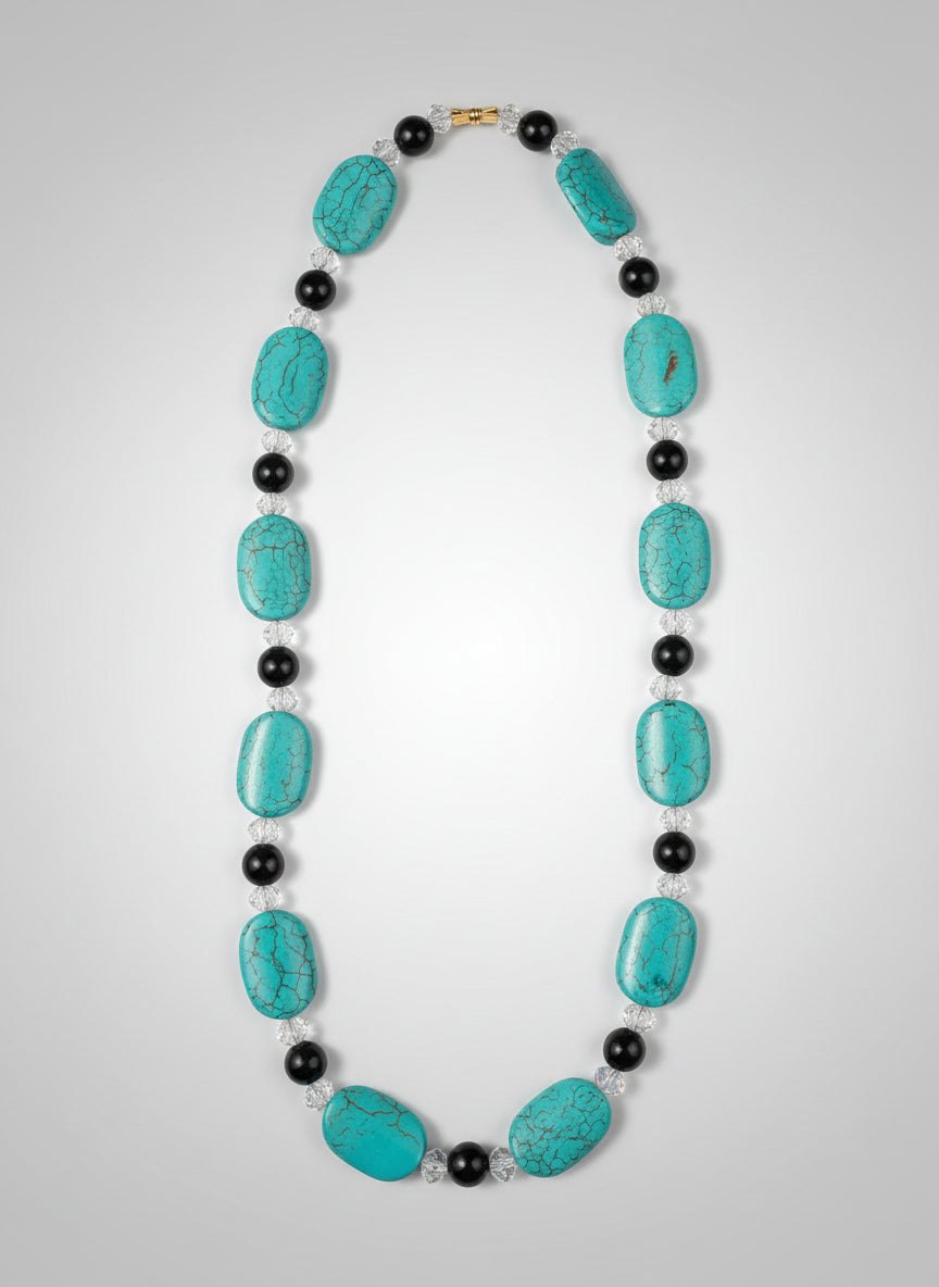 Necklace with turquoise stones and black beads with screw clamp