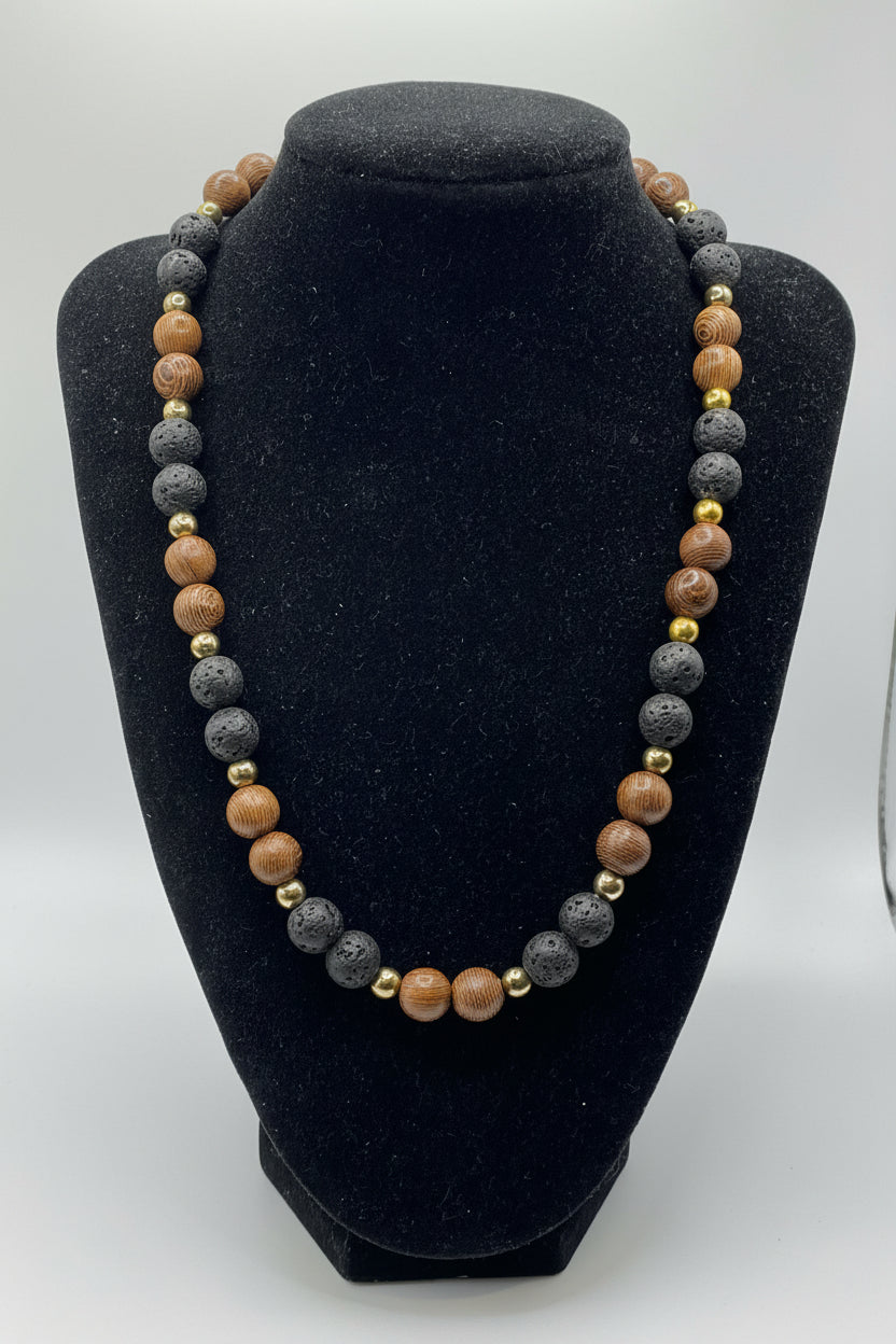 Necklace with multicolored beads on a black stand