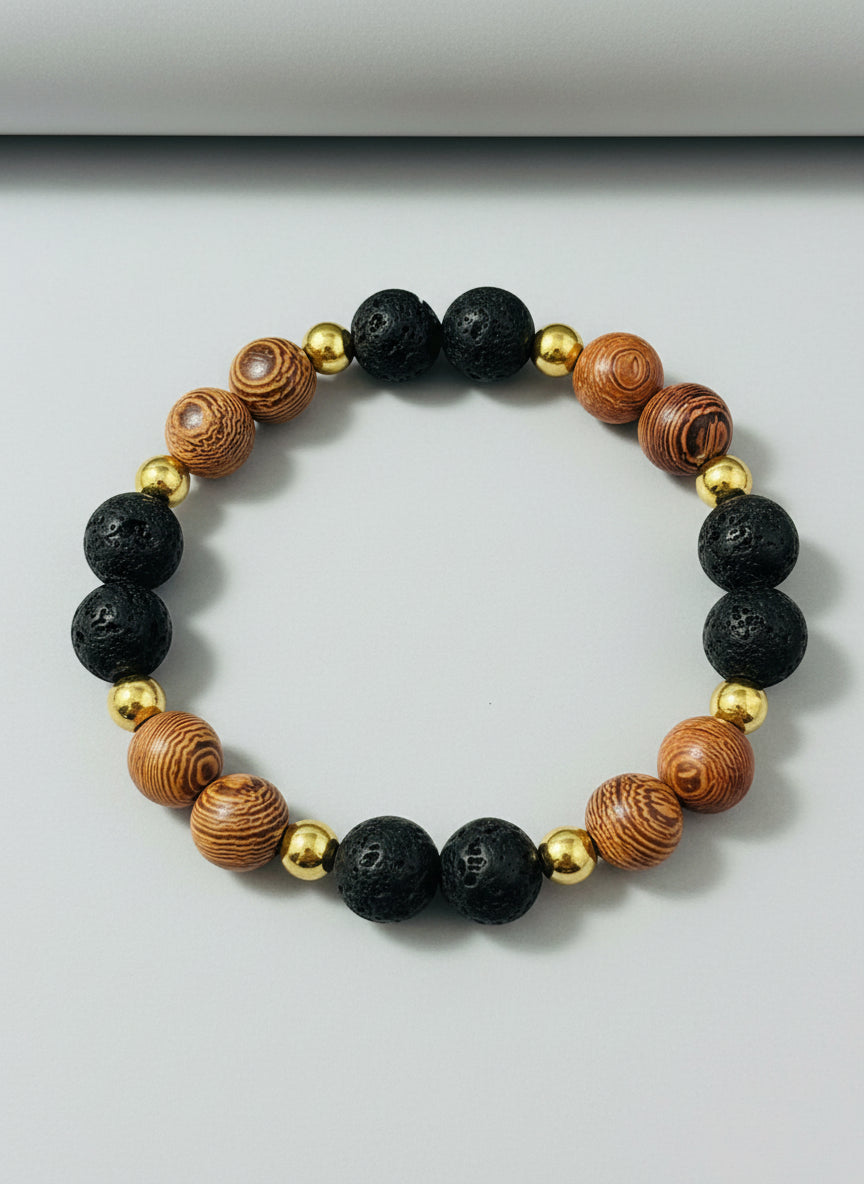 Wooden Beads & Lava Stone Bracelet