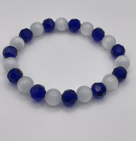 White Cat Eye & Dark Blue Crystal Bracelet 10mm | Alternating Pattern
