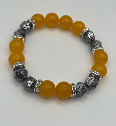 Yellow Jasper & Faceted Black Stone Bracelet with Rhinestones