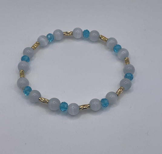 White Cat Eye & Austrian Blue Crystal Bracelet with 18kt Gold Spacers