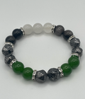 Green Taiwan Jade, White Chalcedony, Black Obsidian & Faceted Black Stone Bracelet - 12mm
