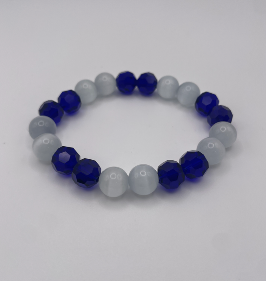 White Cat Eye & Dark Blue Crystal Bracelet 10mm & 6mm