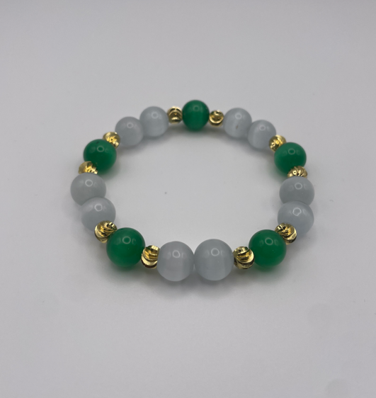 Green & White Cat Eye Bracelet with Gold Spiral Spacers