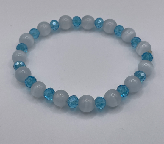 White Cat Eye & Austrian Blue Crystal Bracelet 8mm & 6mm