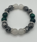 Green Tiger Eye, White Chalcedony & Faceted Black Stone Bracelet - 12mm