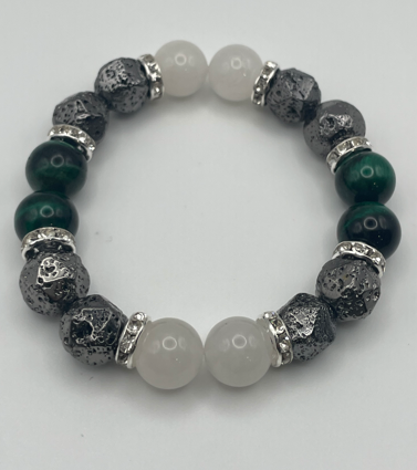 Green Tiger Eye, White Chalcedony & Faceted Black Stone Bracelet - 12mm