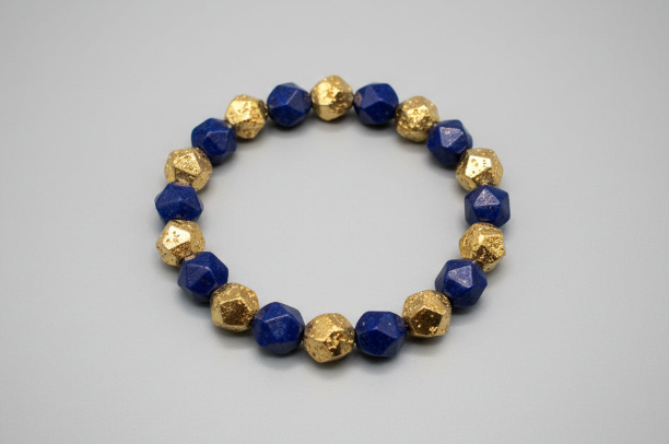 Natural Lapis Lazuli Faceted with Hematite Gold - 10mm Stretch Bracelet
