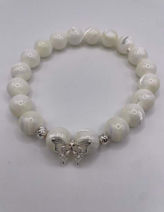 White Mother of Pearl Butterfly & Silver Spacer Bracelet