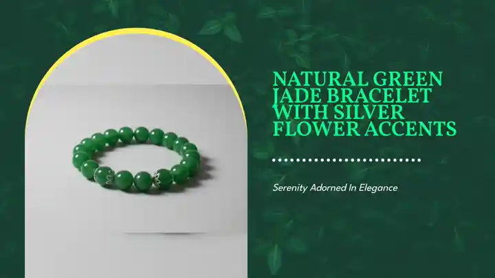Natural Green Jade Bracelet with Silver Flower Accents by@Outfy