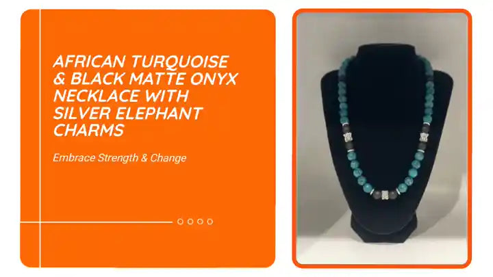 African Turquoise & Black Matte Onyx Necklace with Silver Elephant Charms by@Outfy